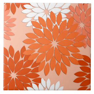 Azulejo De Cerâmica Impressão floral moderno do quimono, laranja coral