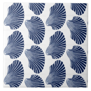 Azulejo De Cerâmica Impressão, Indigo e Branco da Shell Scallop