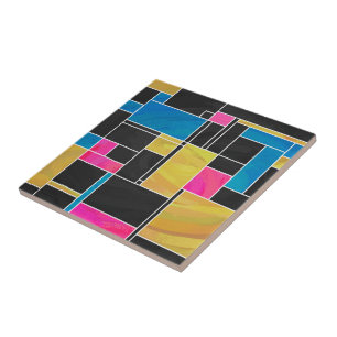 Azulejo De Cerâmica Impressão preto cor-de-rosa azul de Mondrian
