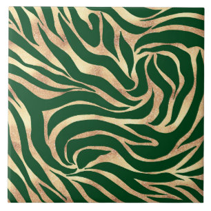 Azulejo De Cerâmica Impressão Verde Elegante e Dourada de Zebra Zebra