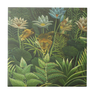 Azulejo De Cerâmica Impressão Vintage de Leão na Selva Tropical de Hen