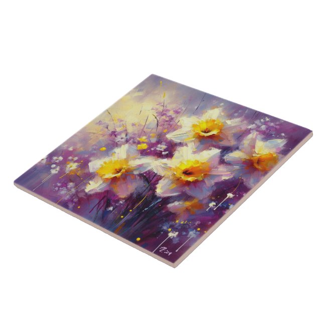 Azulejo De Cerâmica Impressionista Daffodil Floral Purple Yellow Art (Lateral)