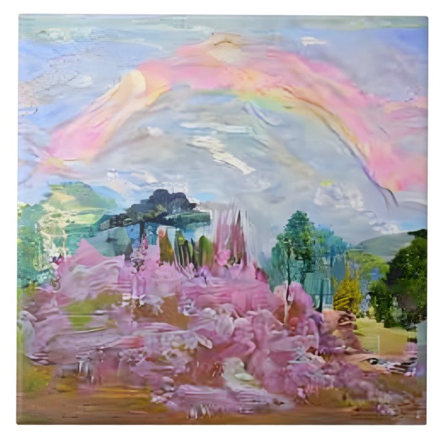 Azulejo De Cerâmica Impressionista Fantasia Paisagem Aquarela Arco-Íri (Frente)