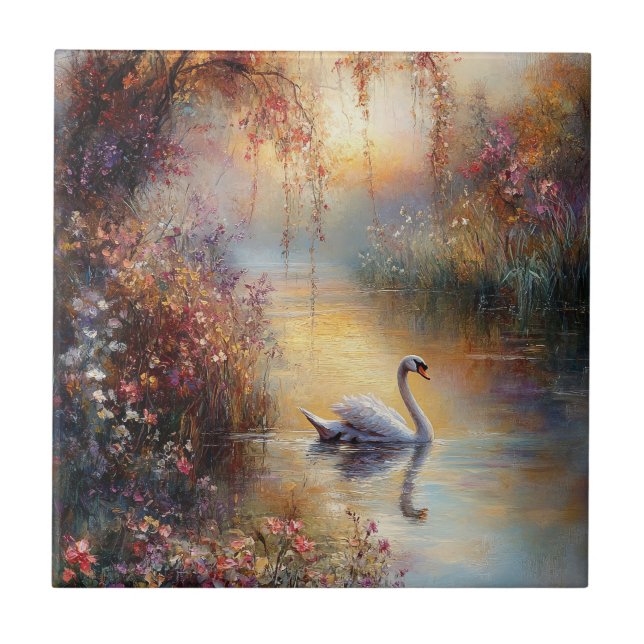 Azulejo De Cerâmica Impressionista Swan Rustic (Frente)