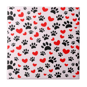 Azulejo De Cerâmica Impressões de Patinhas de Cachorro Preto Corações