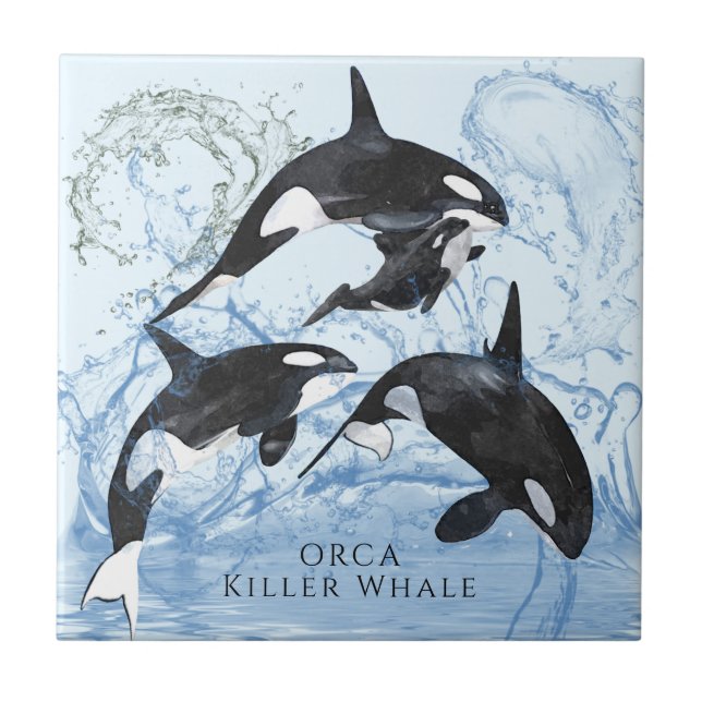 Azulejo De Cerâmica Incrível "Black and White Watercolor Orcas" (Frente)