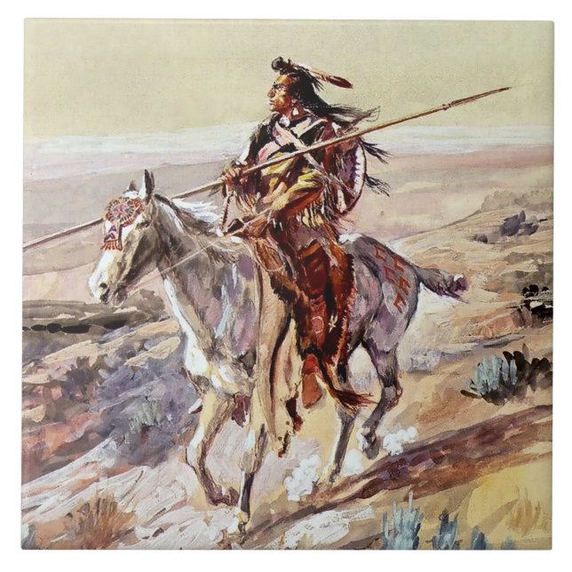 Azulejo De Cerâmica "Indian With Spear" Cowboy Art de Charles Russell (Frente)