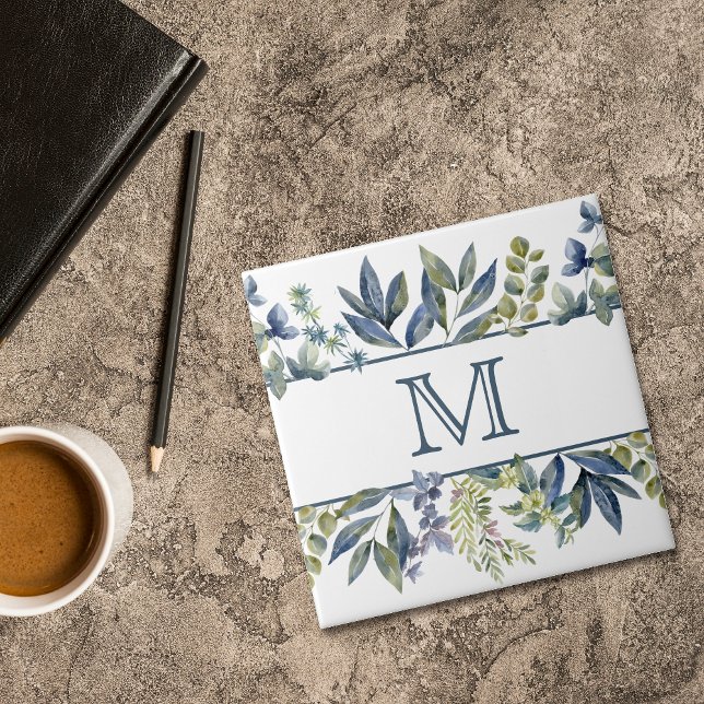 Azulejo De Cerâmica Indigo Blue Deixa Monograma de Borda (Criador carregado)