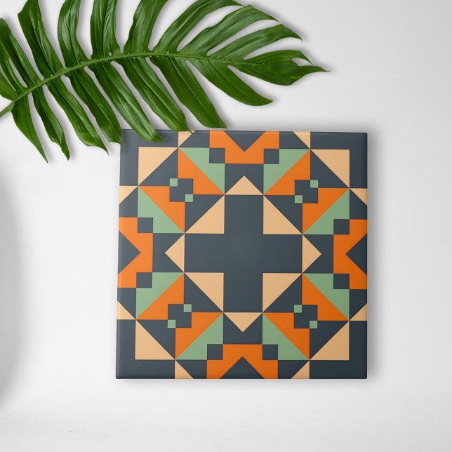 Azulejo De Cerâmica Indigo Orange Teal Beige Geométrico Tribal (Criador carregado)