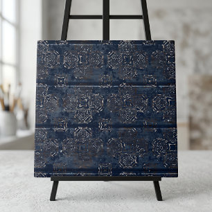 Azulejo De Cerâmica Índigo Rústico Azul Damask Sobre Madeira Raspada