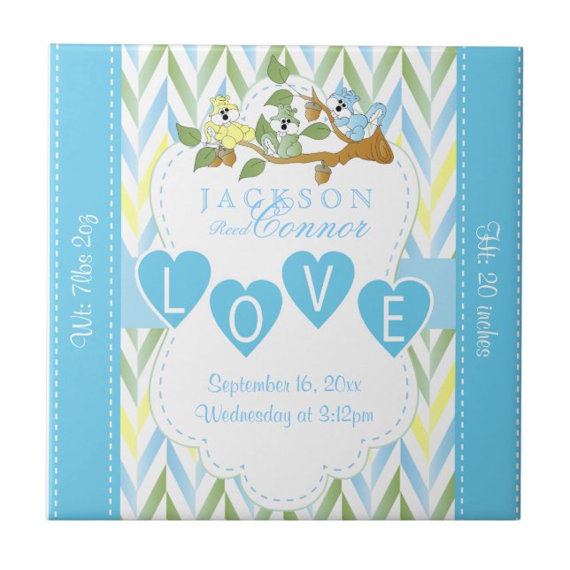 Azulejo De Cerâmica Informações sobre o nascimento - Esquilos de Bebê  (Frente)