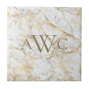 Azulejo De Cerâmica Iniciais Monogramadas Dourado Branco Mármore Cinza