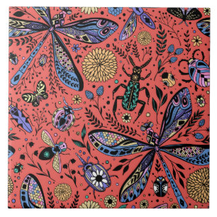Azulejo De Cerâmica Insetos de porta em vermelho-coral
