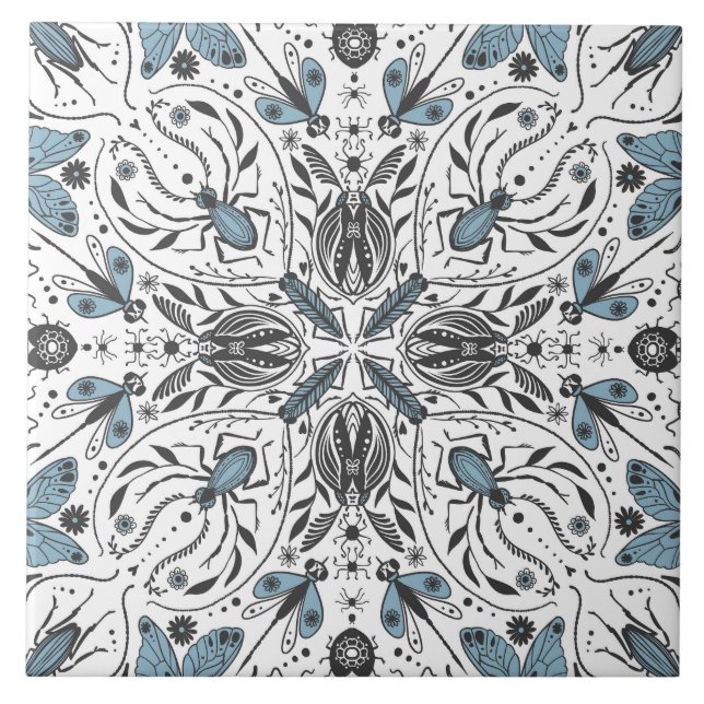 Azulejo De Cerâmica Insetos, preto e azul (Frente)