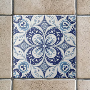 Azulejo De Cerâmica Inspiração Mediterrânea Flor Geométrica Azul