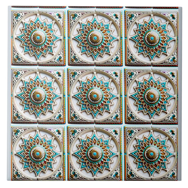Azulejo De Cerâmica Inspirada na Turquesa de Marrocos Mandala (Frente)