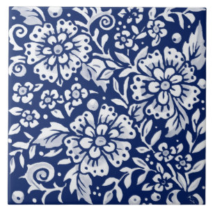 Azulejo De Cerâmica Intrato De Folha Floral Azul De Marinho Cobalto