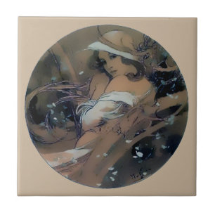Azulejo De Cerâmica Inverno de Nouveau Mucha da arte da mulher