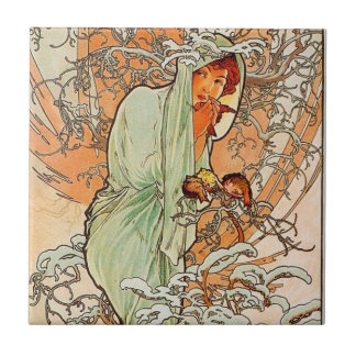 Azulejo De Cerâmica Inverno do vintage por Alphonse Mucha