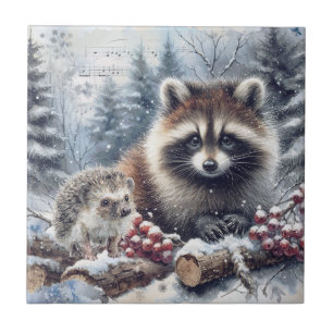 Azulejo De Cerâmica Inverno Florestal Ouriço Guaxinim Natal