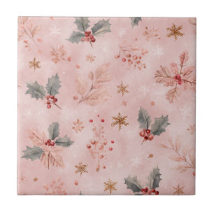 Azulejo De Cerâmica Inverno Rosa - Folhas de Holly e Flocos de Neve (1