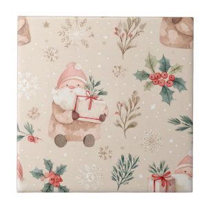 Azulejo De Cerâmica Inverno Rosa - Papai Noel, Flocos de Neve, Azevinh