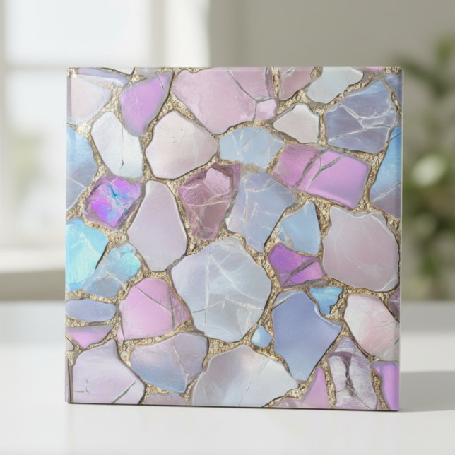 Azulejo De Cerâmica Iridescent Pastel Gemstone Gold Mosaic (Criador carregado)