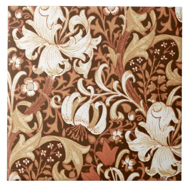 Azulejo De Cerâmica Íris e lírio de William Morris, Brown e Tan (Frente)
