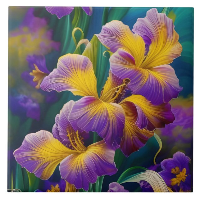 Azulejo De Cerâmica Iris Folhas plorais roxas e azuis-douradas (Frente)