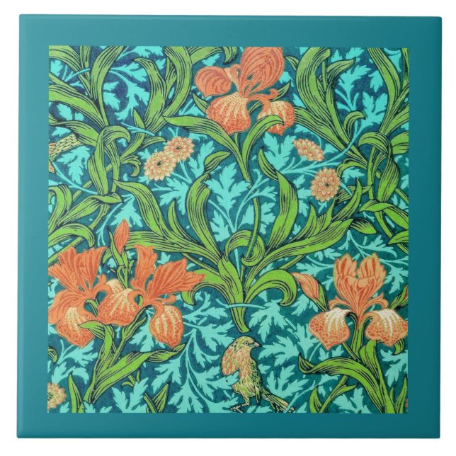 Azulejo De Cerâmica Íris, laranja e turquesa de William Morris (Frente)