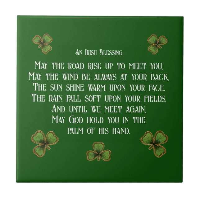 Azulejo De Cerâmica Irish Blessing and Shamrocks Dark Green (Frente)