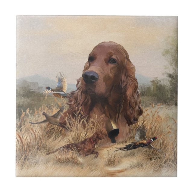Azulejo De Cerâmica Irish Setter Hunting Pheasant ,Art (Frente)