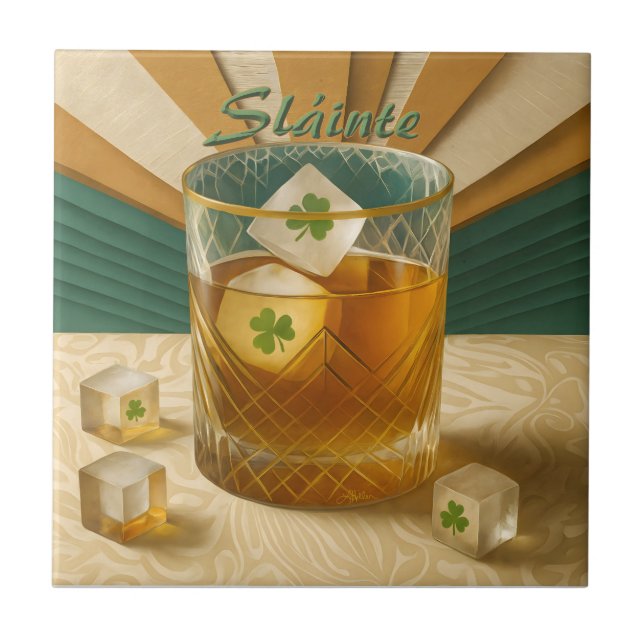 Azulejo De Cerâmica Irish Whiskey Tumbler Shamrock Ice "Sláinte!" (Frente)