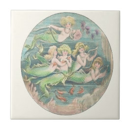Azulejo De Cerâmica Irmãs Sereias Vintage Nadando com Peixe Goldfish