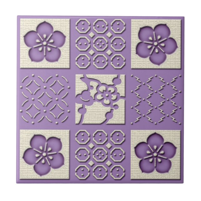 Azulejo De Cerâmica Ishidatami japanês checado padrão flores de ameixa (Frente)
