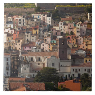 Azulejo De Cerâmica Itália, Sardenha, Bosa. Vista da cidade com Castel