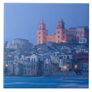 Azulejo De Cerâmica Itália, Sicília, Cefalù, Vista com Duomo a partir 