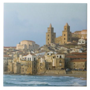 Azulejo De Cerâmica Itália, Sicília, Cefalu, Vista com Duomo a partir 
