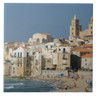 Azulejo De Cerâmica Itália, Sicília, Cefalù, Vista da cidade com Duomo