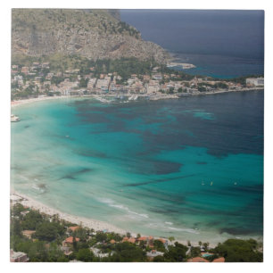 Azulejo De Cerâmica Itália, Sicília, Mondello, Vista da praia a partir