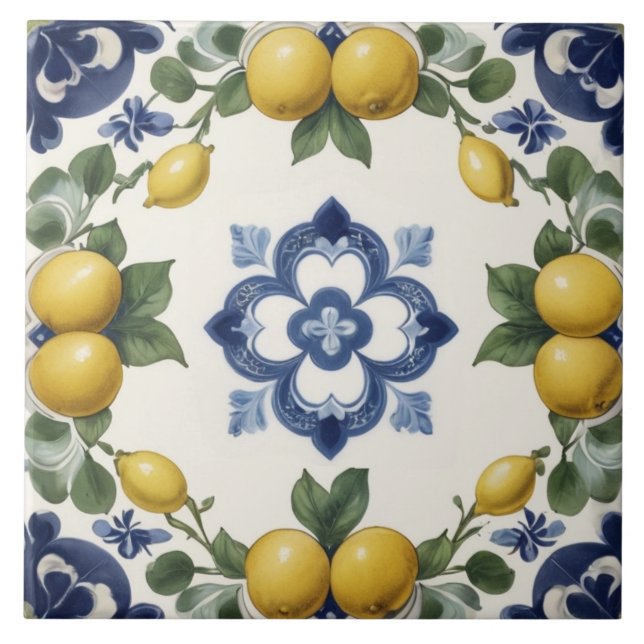 Azulejo De Cerâmica Italian Lemons & Citrus Fruit with Blue Clover (Frente)