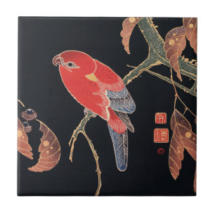 Azulejo De Cerâmica Ito Jakuchu Papagaio Vermelho no Galho Arte Japone