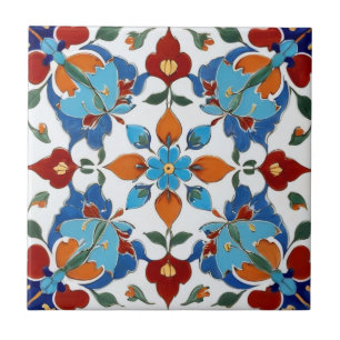 Azulejo De Cerâmica Iznik Turca Flor Vermelho Laranja Azul Branco Flor
