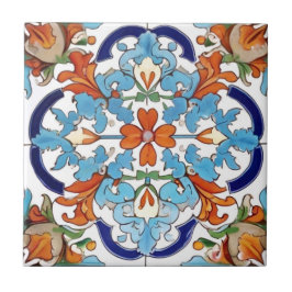 Azulejo De Cerâmica Iznik Turca Floral Laranja Vermelho Azul