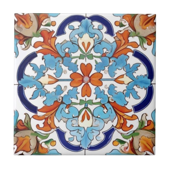 Azulejo De Cerâmica Iznik Turca Floral Laranja Vermelho Azul (Frente)