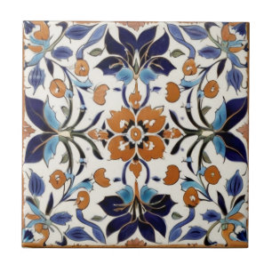 Azulejo De Cerâmica Iznik Turca Vintage Laranja Azul Negro Floral