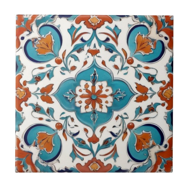 Azulejo De Cerâmica Iznik Turco Clássico Vermelho Turquesa Azul (Frente)