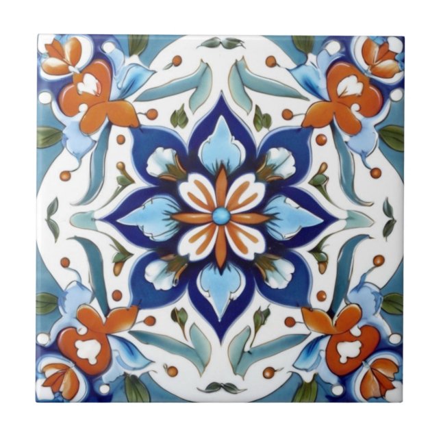 Azulejo De Cerâmica Iznik Turco - Flor Vermelho Laranja Tradicional La (Frente)