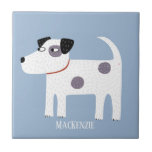 Azulejo De Cerâmica Jack Russell Terrier Dog Nome personalizado<br><div class="desc">Um pequeno cão de Jack Russell Parson Terrier em um fundo azul. Personalize-o alterando ou removendo o nome. Arte original de Nic Squirrell.</div>