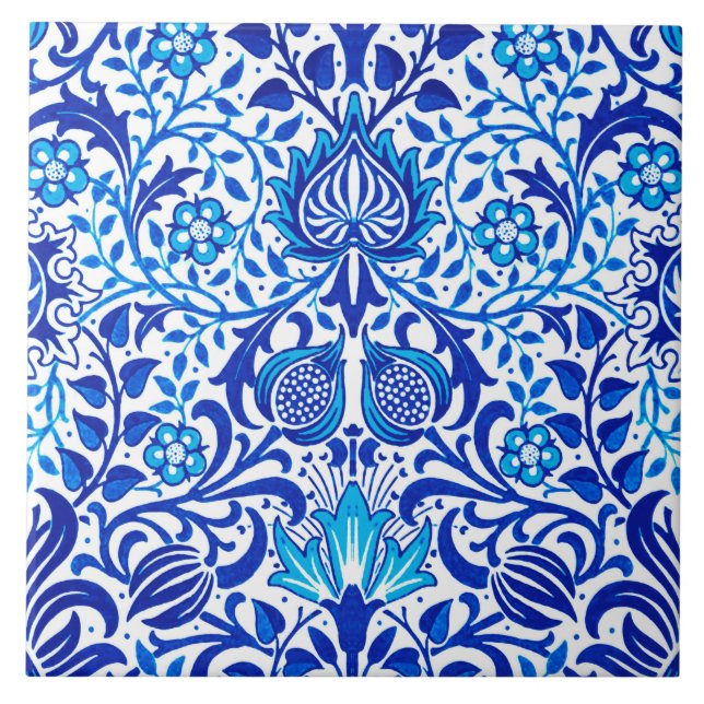 Azulejo De Cerâmica Jacobean Floral Damask, Cobalt Azul e Branco (Frente)